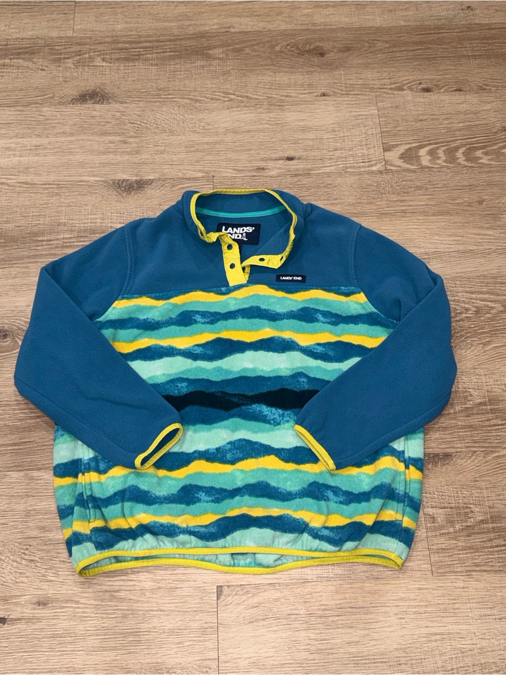 Lands’ End Fleece Pullover XL Blue Teal Yellow Striped Outdoor